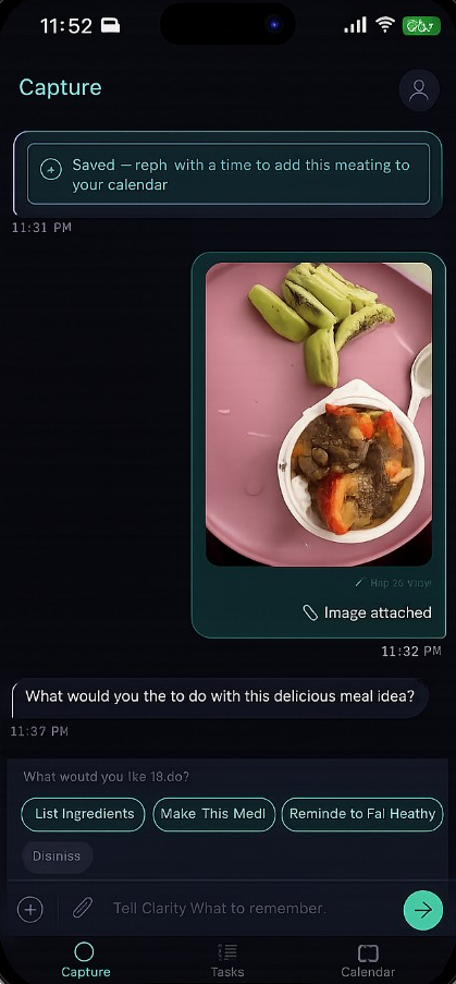 Clarity Capture screen showing a meal photo with planning and reminder actions