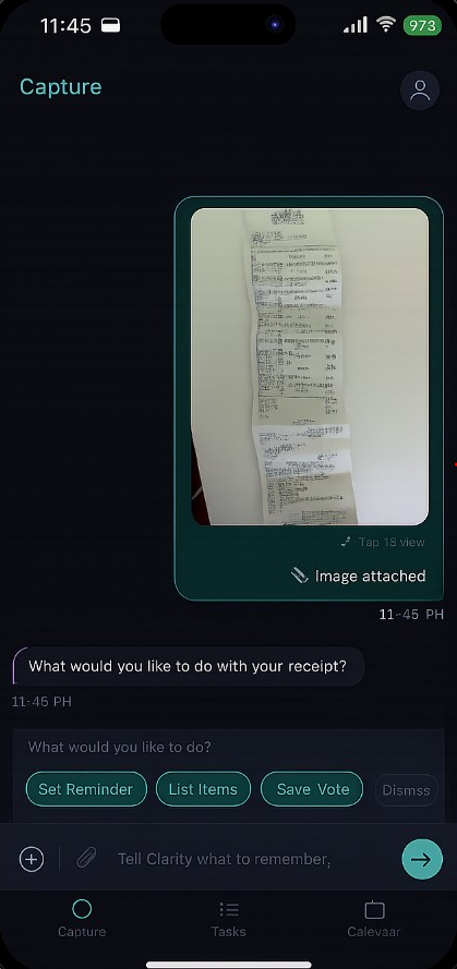 Clarity Capture screen showing a receipt with reminder and list actions